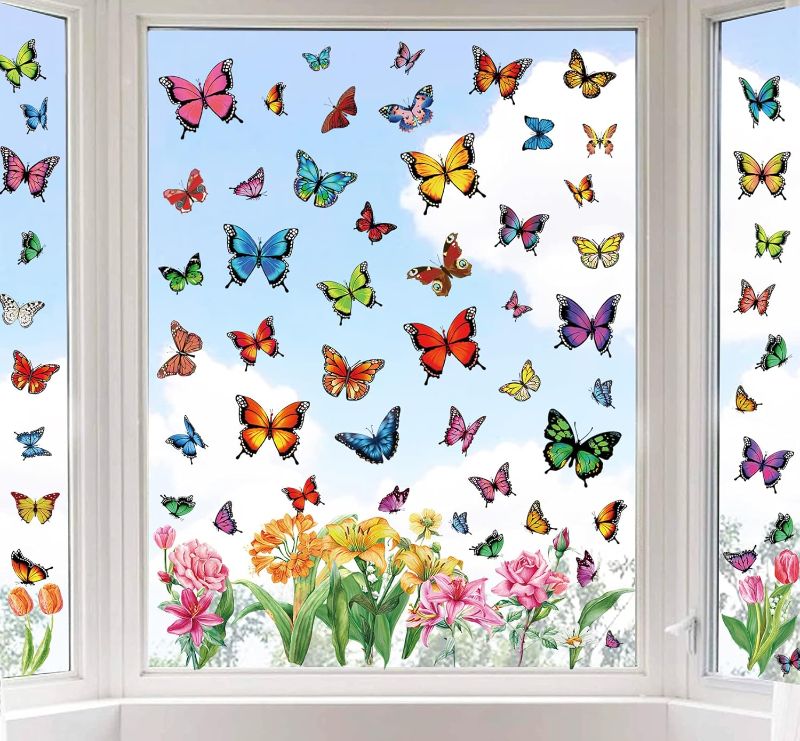 Photo 1 of 54 Pieces Pansy Window Stickers Butterfly Flowers Window Clings Anti-Collision Window Decals Removable Spring Summer Glass Window Decorations Vinyl Spring Window Decals Double-Side 8 Sheets