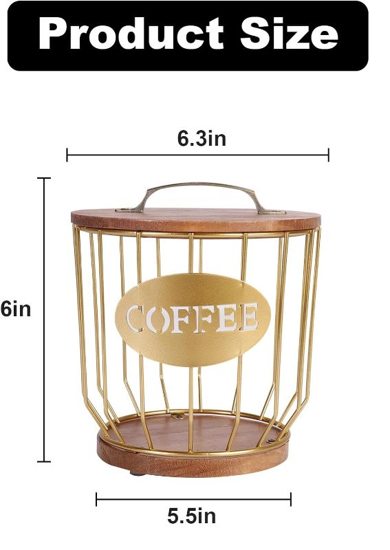 Photo 2 of Beacon Pet Coffee Filter Holder Storage with Lid, Large Capacity Wooden Rustic Coffee Pod Holder Organizer, Metal Coffee Filter Container Basket (Gold)