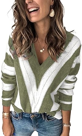 Photo 1 of Elapsy Womens Color Block Striped V Neck Sweater Long Sleeve Pullover Knitted Sweater unknown size 