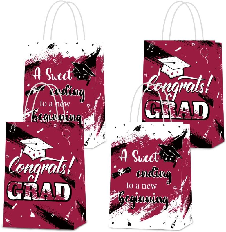 Photo 1 of 16Pcs Graduation Gift Bags, Red Congrats Graduates Party Candy Treat Bags with Holder A Sweet Ending to New Beginning Bags for Graduation Party Decorations Supplies