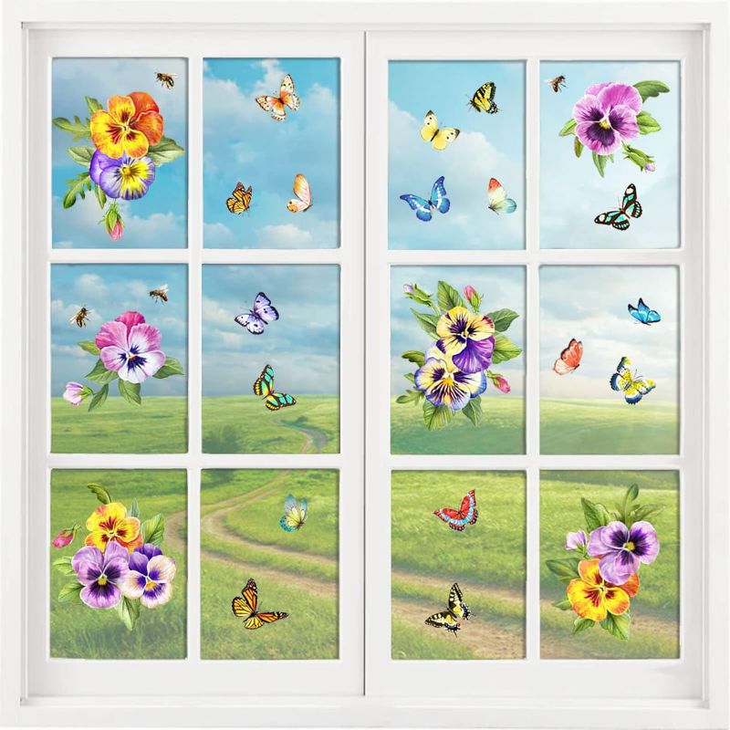 Photo 1 of 16 sheets Spring Window Clings Pansy and Butterfly Window Stickers Double Sided Anti-Collision Window Decals Spring Static Clings for Window Glass Window Decorations for Spring Party Home and Holiday