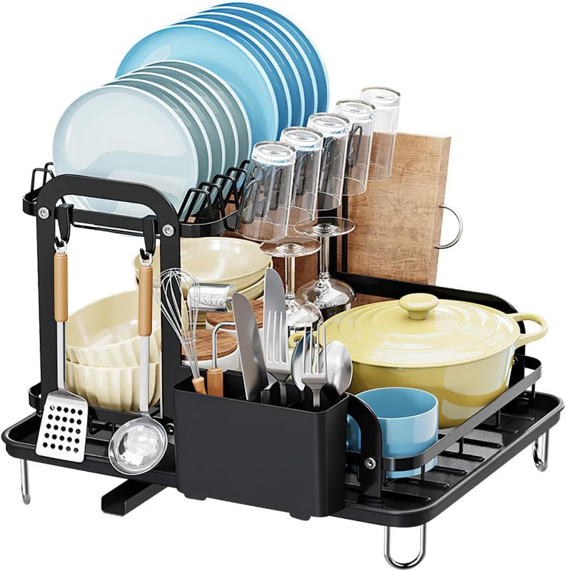 Photo 1 of **SIMILIAR TO STOCK PHOTO *** New Home 2 Tier Dish Drying Rack with Drainboard, Cutlery Holder, Cutting-Board/Cup Holder, and 4 Hooks for Kitchen Counter, Rust-Proof Large Dish Drainer, Dishrack for Kitchen Counter, Black