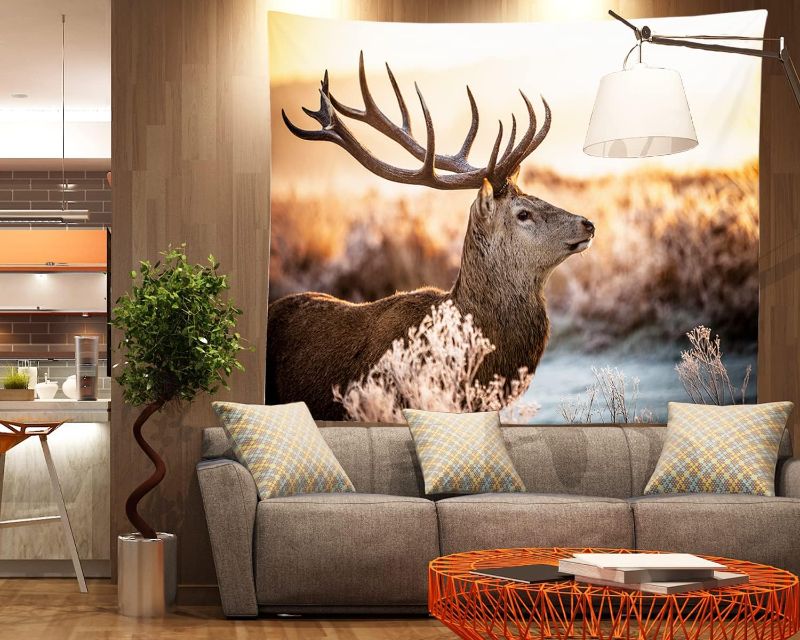 Photo 1 of *** SIMILAR TO STOCK PHOTO** QubeleyNT Deer Tapestry Elk in The Morning Sun Fall Forest Nature Wild Animal Scenery Art Wall Hanging Home Decor for Living room Bedroom Wall Art Decoration, Advanced Textile Fabric, 79" X 59" Large Size (WHITE)