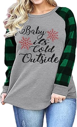 Photo 1 of Plus Size Baby It's Cold Outside Christmas T Shirt Women's Plaid Splicing Long Raglan Tops Blouses size small 