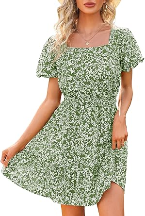 Photo 1 of Chang Yun Floral Summer Dress for Women Short Sleeve Wedding Guest Dresses Boho Sun Short Square Neck Mini Dress size large 