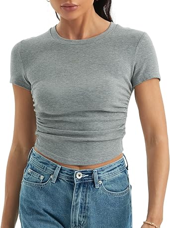 Photo 1 of Crop Top for Women Casual Ruched Crewneck Short Sleeve Ribbed Summer Solid Slim Fit Y2K T Shirt size large 