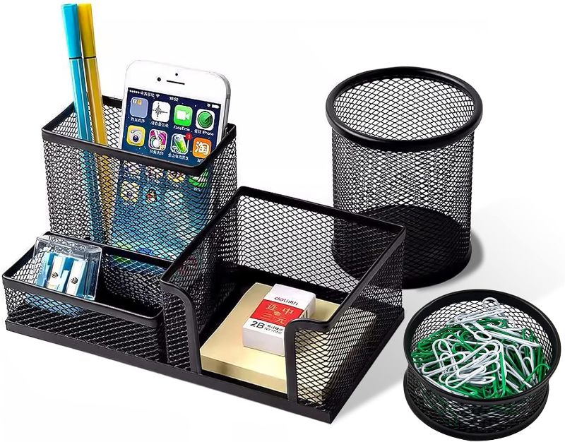 Photo 1 of Pen Holder for Desk, Desk Organizers Set-3 Compartments Mesh Pencil Holder with Pencil Pen Cup and Paper Clip holder, Desk Accessories for Marker Craft, Ideal Office School Supplies(3 pack, Black)