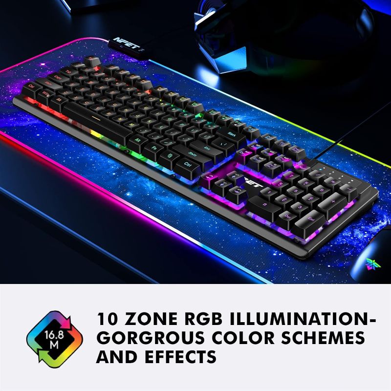 Photo 1 of NPET K10 Wired Gaming Keyboard, LED Backlit, Spill-Resistant Design, Multimedia Keys, Quiet Silent USB Membrane Keyboard for Desktop, Computer, PC (Black)
