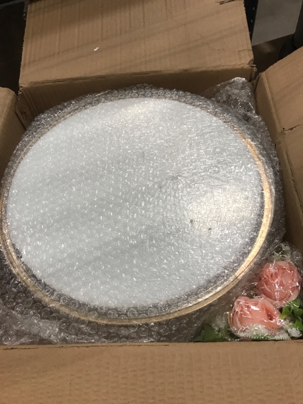 Photo 2 of 14" Round Metal Geometric Cake Stand Gold Wedding Cake Stand Glossy Metallic Cake Riser with Glass Top and 2 Artificial Birthday Cake Flower Arrangement Rose Flower Cake Topper Wedding Party Events