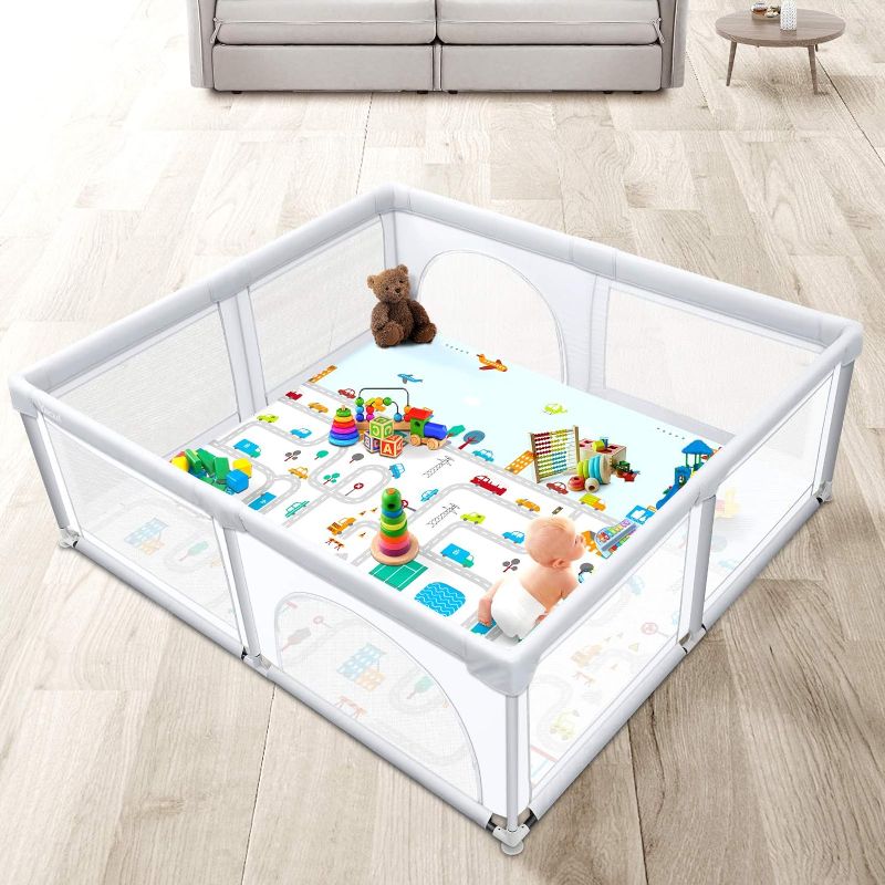 Photo 1 of Baby Playpen with Mat, 79"x71" Extra Large Play Pens for Babies and Toddlers, Infants Playpen Gate Kids Safety Play Yard (Light Gray)
