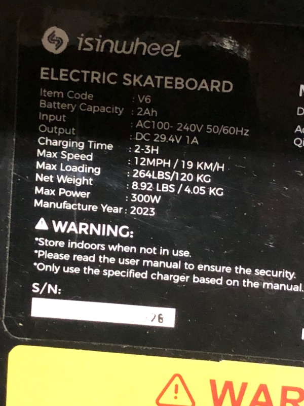 Photo 5 of * important * see clerk notes * 
isinwheel V8 Electric Skateboard with Remote, 1200W Brushless Motor, 30 Mph Top Speed & 12 Miles Range