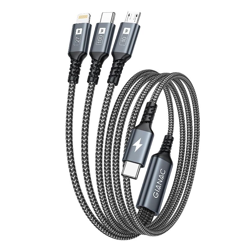 Photo 1 of GIANAC 100W USB C Multi Charging Cable [1.2M] 3 in 1 Charging Cable with E-Mark Chip, USB C [100W]+Lightning[27W]+Micro[10W] for Samsung S23,iPad Pro, iPad Mini, MacBook Pro/Air/iPhone14 13 12 11
