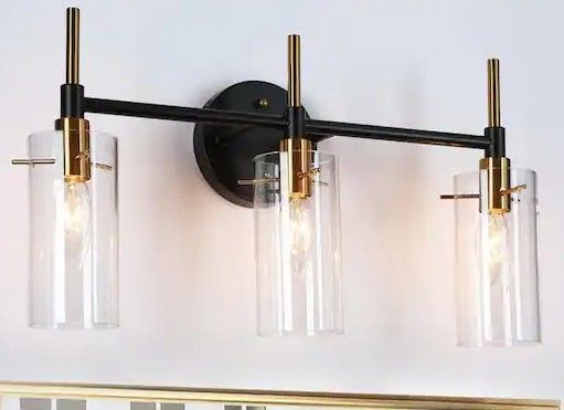 Photo 1 of 19.5 in. 3-Light Modern Brass Vanity Light, Black Industrial Bathroom Wall Sconce with Cylinder Clear Glass Shades
