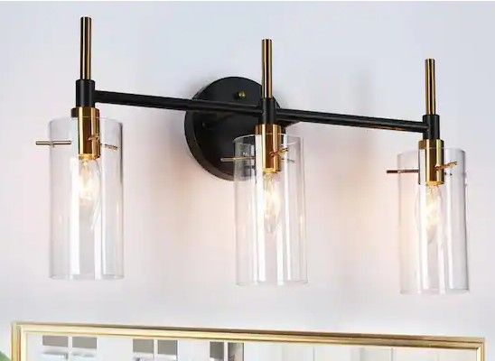 Photo 1 of 19.5 in. 3-Light Modern Brass Vanity Light, Black Industrial Bathroom Wall Sconce with Cylinder Clear Glass Shades
