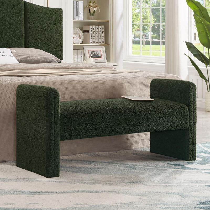 Photo 1 of 24KF Modern Boucle Teddy Lovely Bench, Upholstered Bed Bench Entryway Bench Ottoman with Armrest -Dark Green
