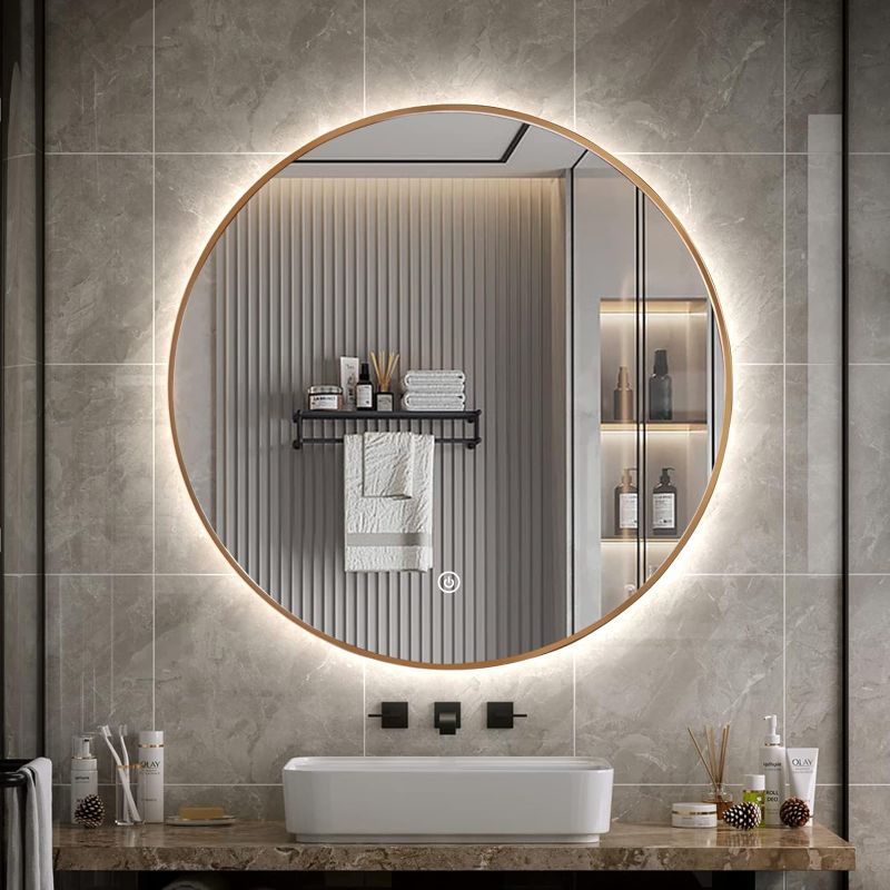 Photo 1 of Niccy 24" LED Backlit Round Mirror for Bathroom, Gold Framed Vanity Light Wall Mirror LED Smart Circle Mirrors with 3 Lighting Colors, Dimmable Lighted Mirror with Anti-Fog, IP66 Waterproof