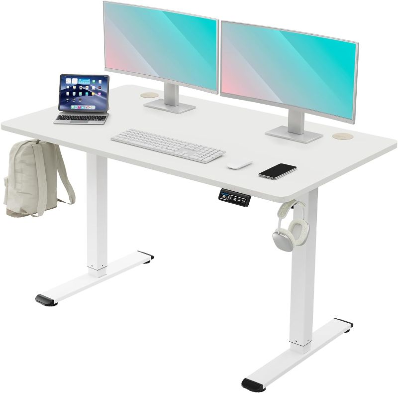 Photo 1 of MOUNTUP Height Adjustable Electric Standing Desk, 48 x 24 Inches Whole-Piece Sit Stand Desk, Quick Assembly Stand Up Desk with Memory Controller, Ergonomic Desk, White
