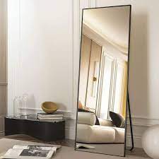 Photo 1 of 21in. W x 64in. H Aluminium Alloy Frame Black Full Body Floor Mirror with Floor Stand and Wall Mounted Hooks
