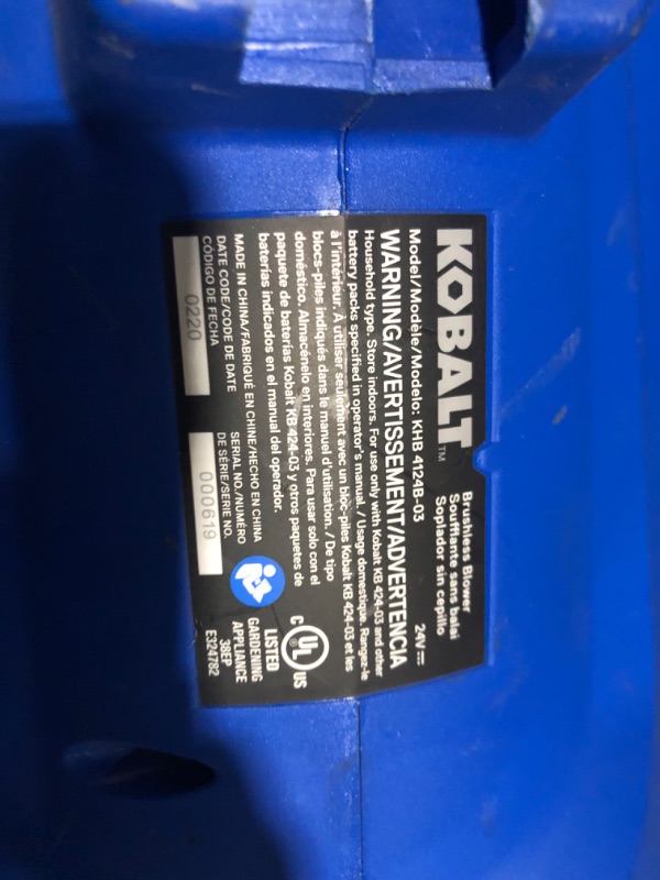 Photo 4 of ***NOT FUNCTIONAL - FOR PARTS ONLY - NONREFUNDABLE - SEE COMMENTS***
Kobalt Gen4 24-volt 520-CFM 120-MPH Battery Handheld Leaf Blower 4 Ah