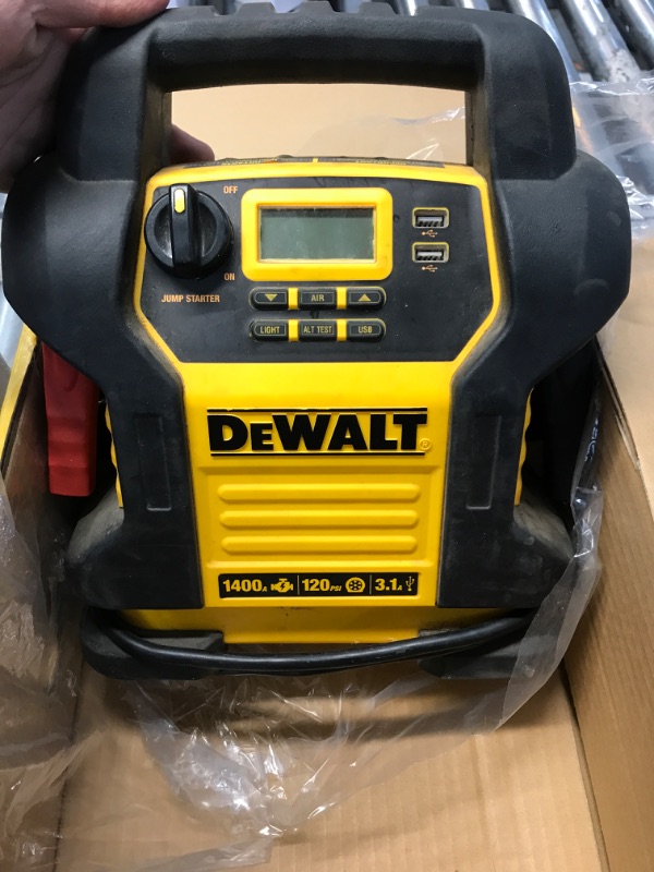 Photo 2 of DEWALT DXAEJ14 Digital Portable Power Station Jump Starter: 1400 Peak/700 Instant Amps, 120 PSI Digital Air Compressor, 3.1A USB Ports, Battery Clamps , Yellow