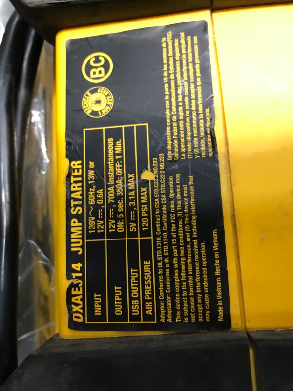 Photo 3 of DEWALT DXAEJ14 Digital Portable Power Station Jump Starter: 1400 Peak/700 Instant Amps, 120 PSI Digital Air Compressor, 3.1A USB Ports, Battery Clamps , Yellow