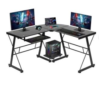 Photo 1 of BestOffice L Shaped Computer Gaming Desk Toughened Glass Writing Study PC Modern with Keyboard,Easy to Assemble,Black
