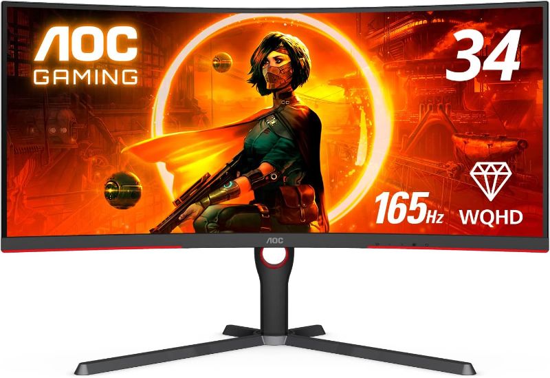 Photo 1 of AOC CU34G3S 34" Frameless Curved Ultrawide Gaming Monitor, WQHD 3440 x1440, 165Hz 1ms, FreeSync Premium, Height Adjustable, 3-Year Zero-Bright-dot, Black
