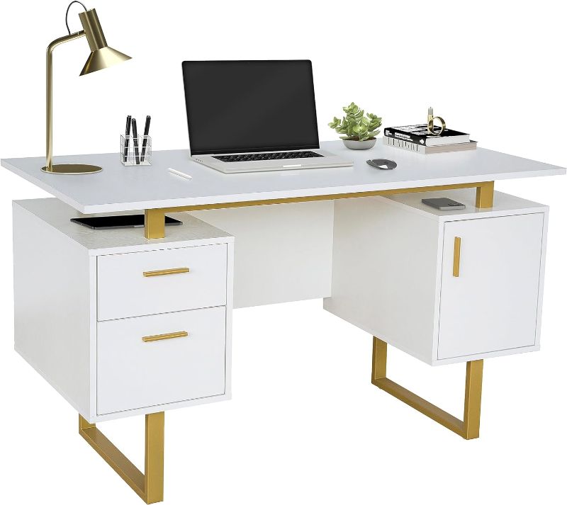 Photo 1 of **BOX 1 OF 2 ONLY**Techni Mobili Storage Drawers and Cabinet 51.25” W-Modern Office Large Floating Desktop Surface Desk, White/Gold
