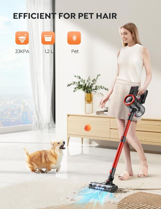 Photo 1 of BuTure Cordless Vacuum Cleaner, 450W 33KPA Stick Vacuum with Color Touch Display, Up to 55Mins, Rechargeable Cordless Vacuum for Hardwood Floor Carpet Pet Hair
