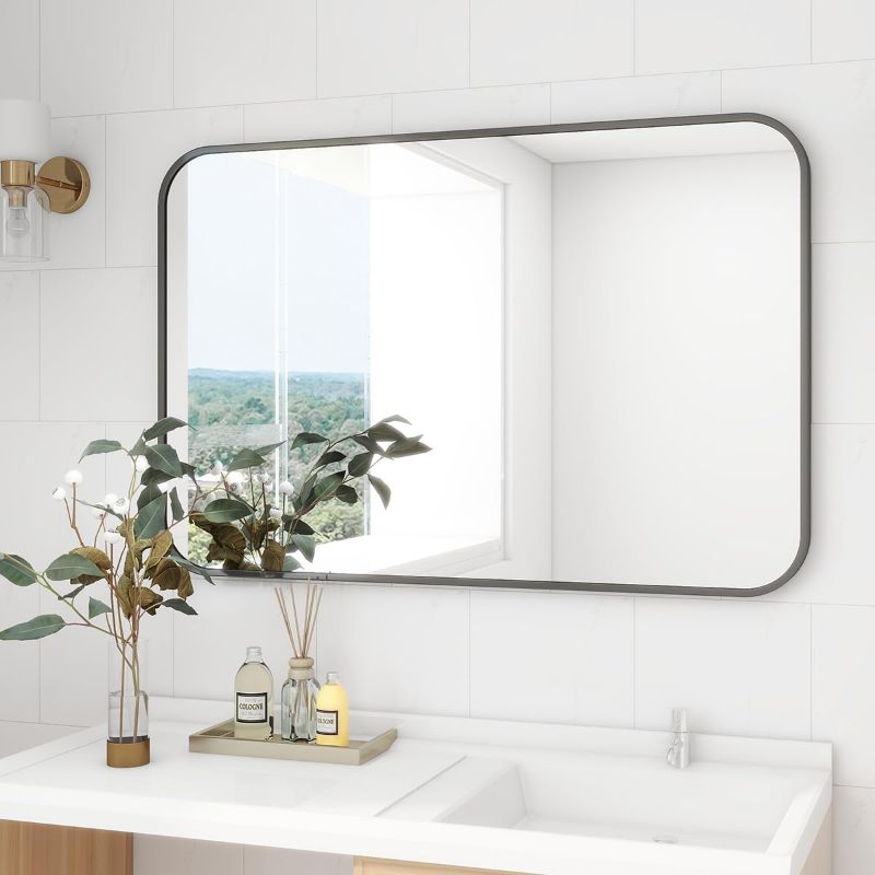 Photo 1 of 26 in. W x 38 in. H Rectangular Aluminum Alloy Framed Rounded Black Wall Mirror
