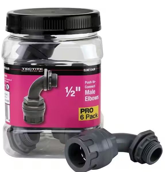 Photo 1 of 1/2 in. Non-Metallic Water Tight Push-to-Connect Elbow Connector Jar (6-Pack)
