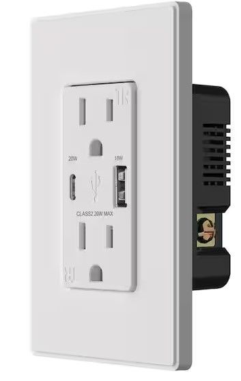 Photo 1 of 15 Amp Type A and Type C USB Duplex Wall Outlet for Power Delivery and Quick Charge, with Wall Plate, (1-Pack, White)
