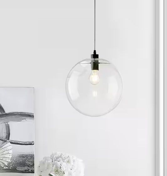 Photo 1 of 1-Light Matte Black Globe Pendant Light with Clear Glass Shade
