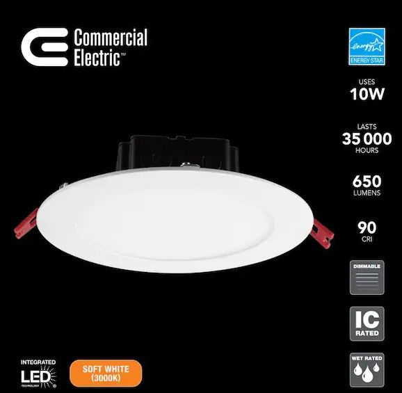 Photo 1 of Commercial Electric 6 in. White Flush Round Wet Rated LED Integrated Recessed Lighting Kit (5-Pack)