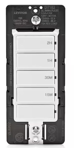 Photo 1 of Leviton Decora 15 Amp 2-Hour Indoor In-Wall Timer Switch, 1/2 HP/9.8 Amp Fan/Motor, No Neutral Required, Single Pole, White