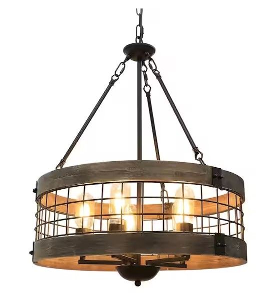 Photo 1 of 19 in. 5-Light Brown Farmhouse Chandelier Island Pendant Light with Wood Cage