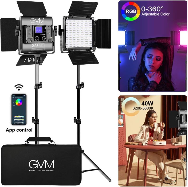 Photo 1 of GVM RGB Led Video Light, 2PCS Video Lighting Kit with APP Control, 40W Photography Lighting Led Panel Light with 8 Kinds of The Scene Lights for Studio YouTube, 3200K-5600K, CRI 97+
