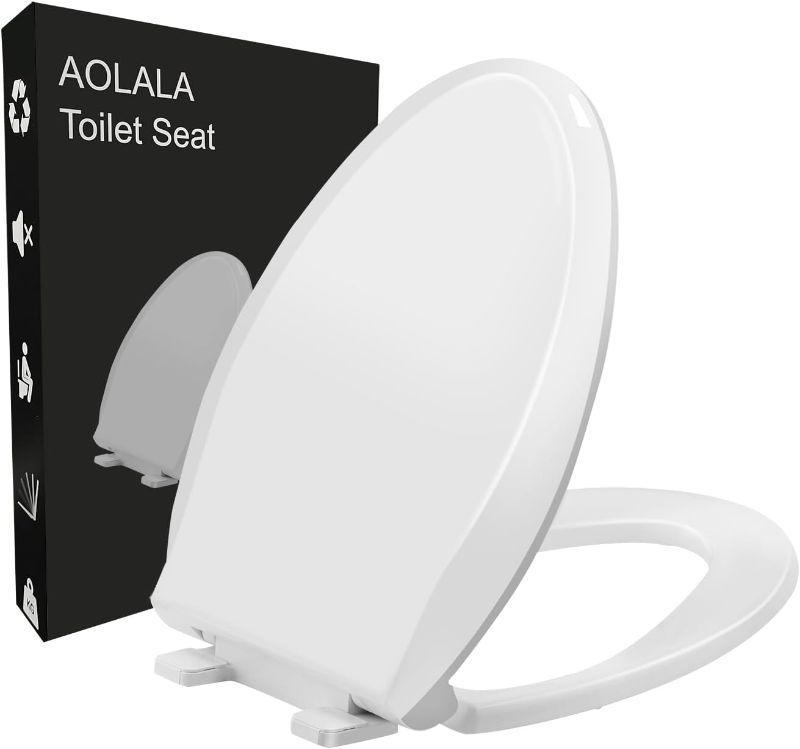 Photo 1 of AOLALA Elongated Toilet Seat, Slow Close, Easy Clean Easy to Install, Soft Close Oval Toilet Seat Replacement, Never Loosen, Plastic, Heavy Duty for Bathroom White(18.5”)