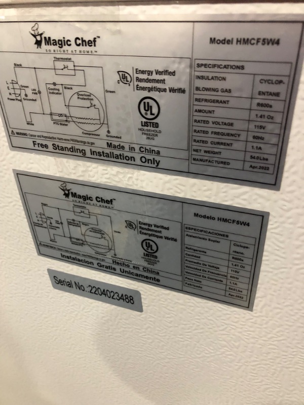 Photo 1 of *MAJOR DAMAGE SEE NOTES*
Magic Chef 5.0 Cu. ft. Chest Freezer in White HMCF5W4