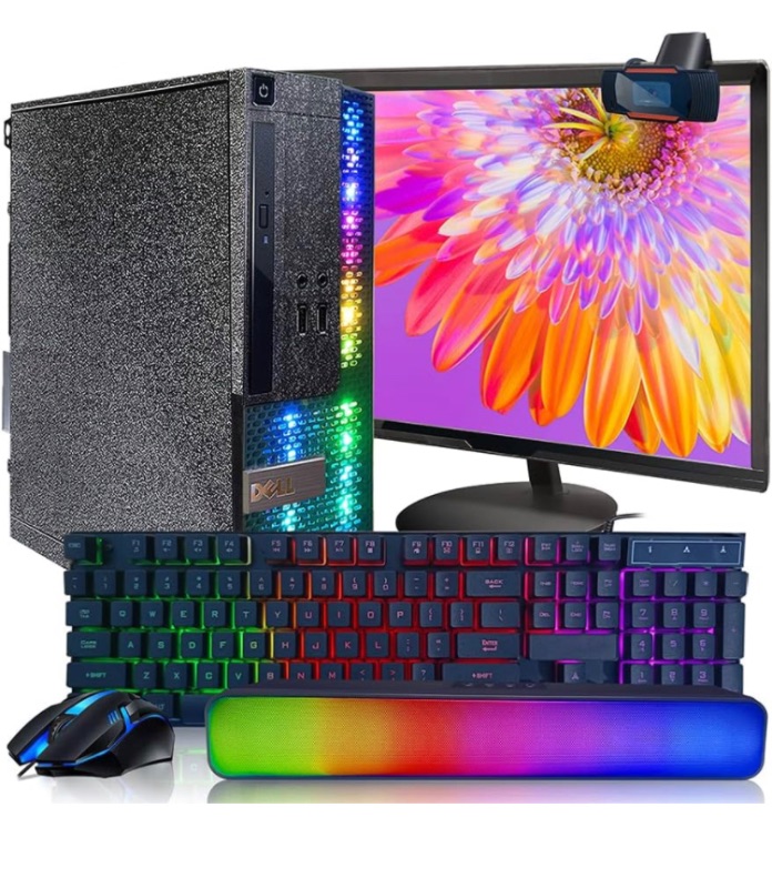 Photo 1 of Dell PC Black Treasure Box RGB Desktop Quad Core I5 up to 3.6G, 16G, 512G SSD, WiFi, BT, RGB Keyboard & Mouse, DVD, New 22" 1080P FHD LED, RGB Sound Bar, Webcam, Win 10 Pro(Renewed)