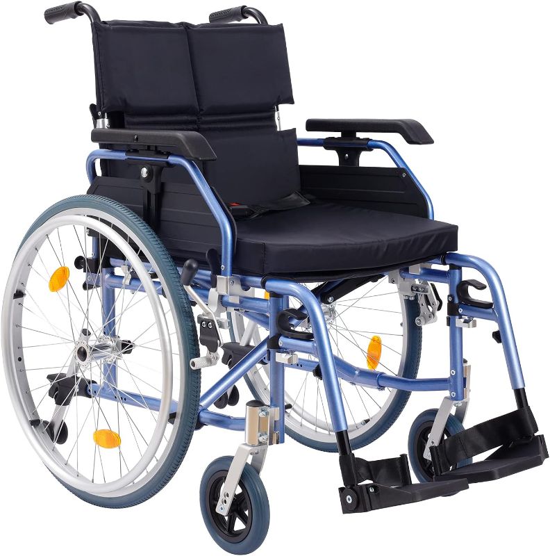 Photo 1 of Medwarm Aluminum Multifunctional Manual Wheelchair, Wheelchairs for Adults with Anti-tippers, Swing Away Footrests, Adjustable Armrests and 24 Inch Rear Wheels, 19.7” Seat Width, Blue
