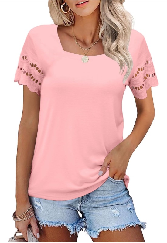 Photo 1 of Ladiyo Womens Square Neck Tops Summer Lace Sleeve T Shirts Loose Casual Solid Color Blouse