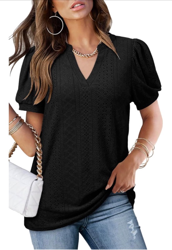 Photo 1 of ANGGREK Womens Summer Tops Puff Sleeve Eyelet Notch V Neck Casual Hollow Out T Shirts