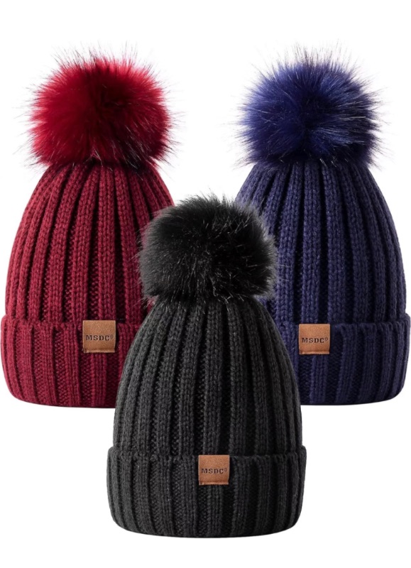 Photo 1 of MSDC Beanie for Women with Pom Pom 3 Pack, Winter Hats for Women Fashion Knit Warm Skull Cap, Womens Beanie for Cold Weather