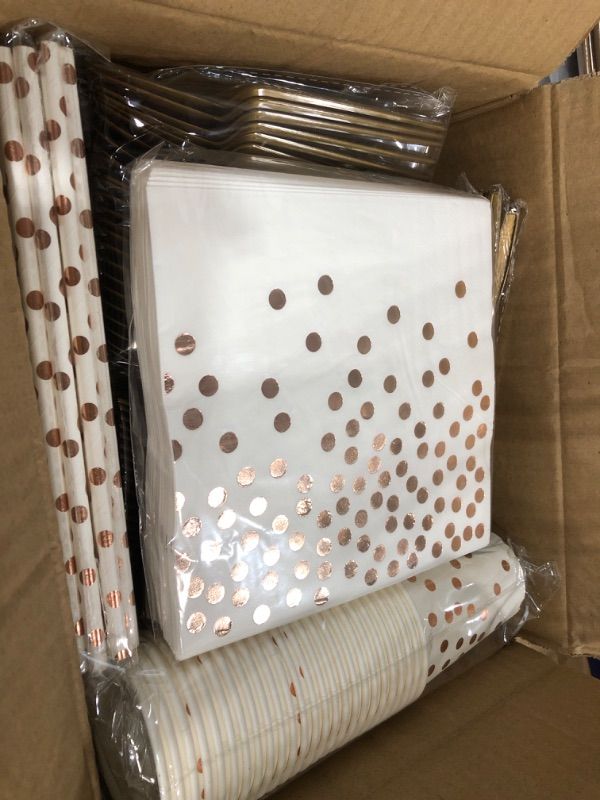 Photo 2 of 180 Pcs Rose Gold Party Supplies Disposable Dinnerware Set Serve 30 Gold Polka Dots Paper Plates Napkins Plastic Forks Knives Spoons for Birthday Wedding Graduation Cocktail Party 180 PCS Rose Gold and White