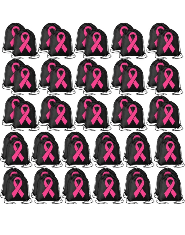 Photo 1 of LEIFIDE 54 Pcs Breast Cancer Awareness Backpack with Pink Ribbon Drawstring Bags for Sport Shopping Running Work Travel (Black)