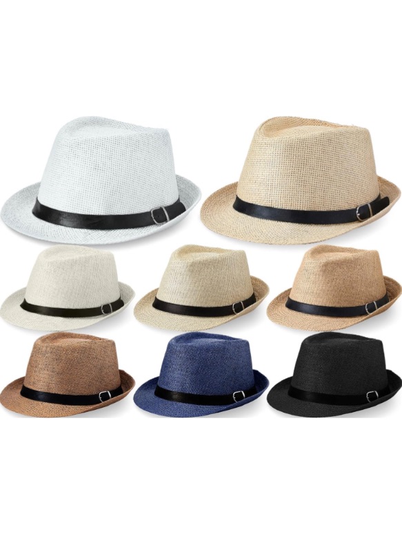 Photo 1 of 8 Pack Panama Trilby Fedora Straw Sun Hat with Leather Belt Straw Fedora Hats Short Brim Summer Beach Hat for Men Women