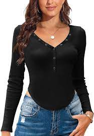 Photo 1 of Imily Bela Womens Long Sleeve Shirts V Neck Crop Tops Button Up Asymmetrical Hem Fitted T-Shirts LARGE
