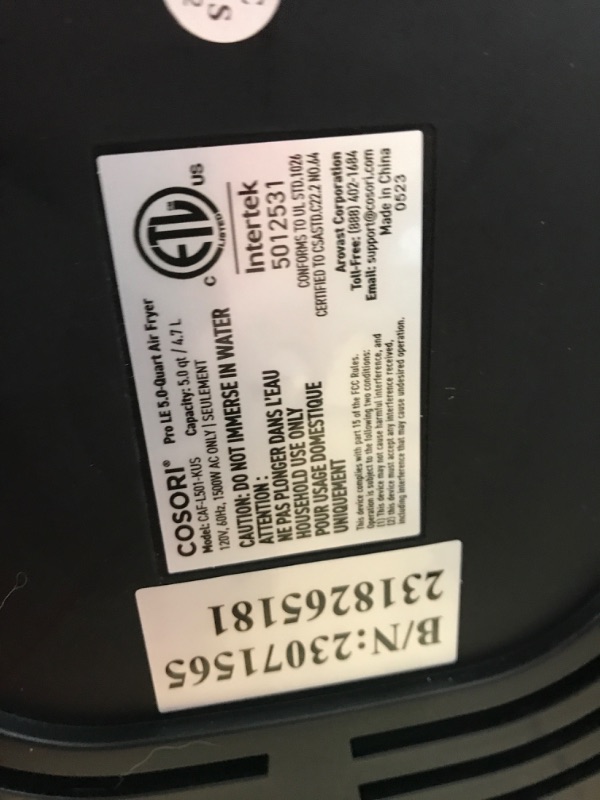 Photo 1 of ***USED - POWERS ON***
COSORI Air Fryer, 5 QT, 9-in-1 Compact Oilless Black