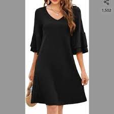 Photo 1 of Gracyoga M Black V-Neck Ruffle Bell Sleeve Flowy Shift Dress Tunic
